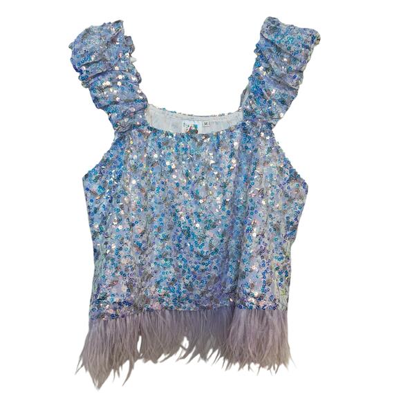 Queen of Sparkles Floral Sequin Feather Tank Purple Top Flower Glitter Medium - Picture 3 of 11